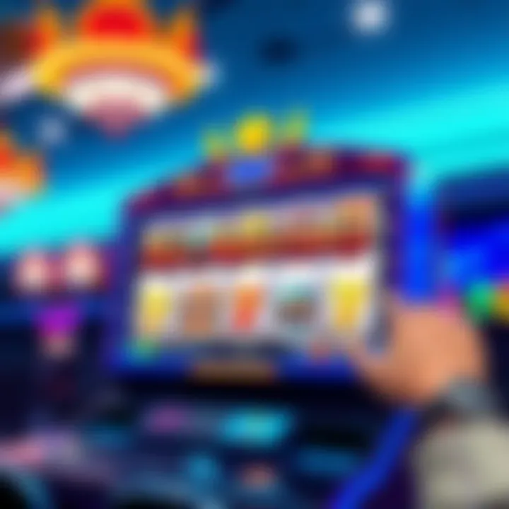 An illustration of a vibrant All Aboard Slots game screen with colorful symbols