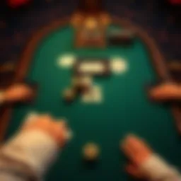 Aerial view of a poker table with chips and cards
