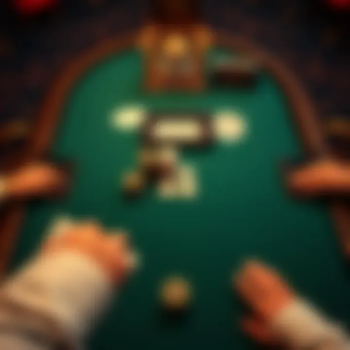 Aerial view of a poker table with chips and cards