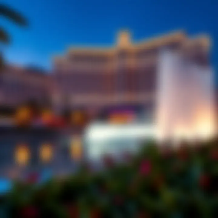 Wide view of the Bellagio Hotel with a fountain performance in progress