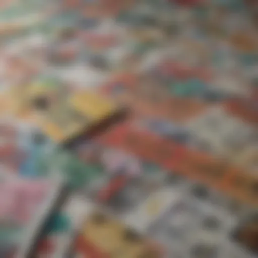 A close-up view of colorful dollar scratch off tickets spread out on a table