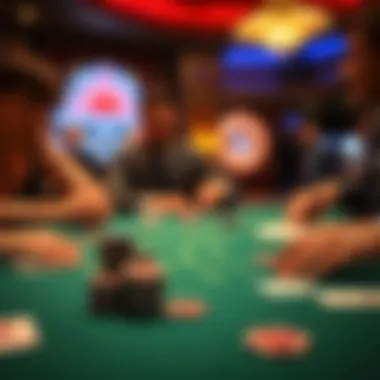 A close-up of poker chips and cards on a game table