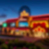 A panoramic view of Isle Casino Bettendorf showcasing its vibrant exterior at night.