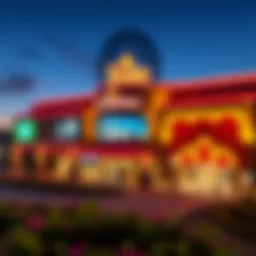 A panoramic view of Isle Casino Bettendorf showcasing its vibrant exterior at night.