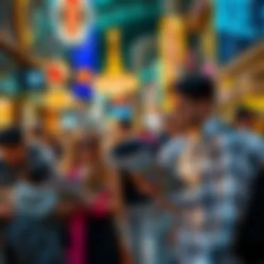 Tourists Engaged with Local Magazines A bustling Las Vegas street filled with tourists reading local publications