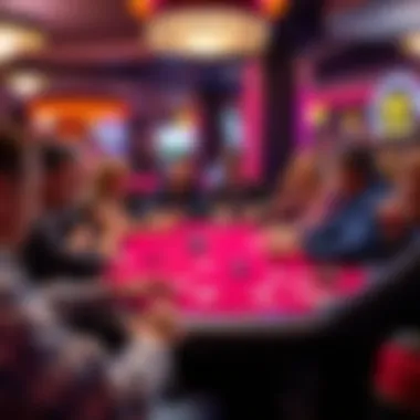 A close-up of a poker table with players engaged in a strategic game, highlighting the social aspect of casino gaming.