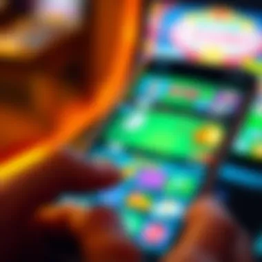 A close-up view of a smartphone displaying a mobile gambling app with vibrant graphics and user interface.