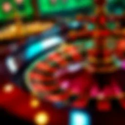 A close-up view of a roulette wheel with colorful betting options