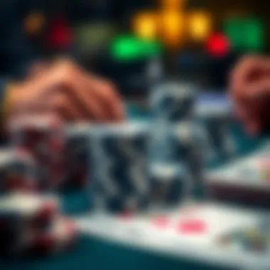 Close-up of poker chips and cards during a Texas Hold'em game