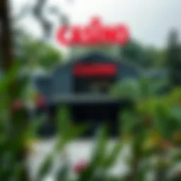 Exterior view of a casino in Sault Ste. Marie surrounded by lush greenery