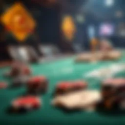 A close-up view of a poker table showcasing chips and cards