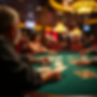 Close-up of a gaming table in action with cards and chips