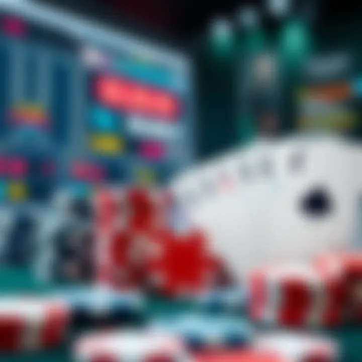 An array of virtual poker chips and cards in a digital setting