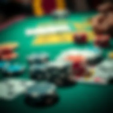 A close-up of poker chips and cards laid out strategically on a table.