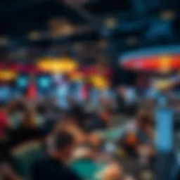 An overview of a bustling poker tournament venue filled with players engrossed in the game.