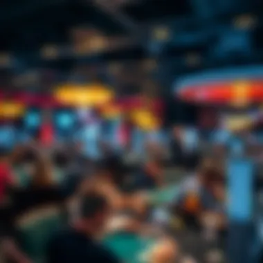 An overview of a bustling poker tournament venue filled with players engrossed in the game.