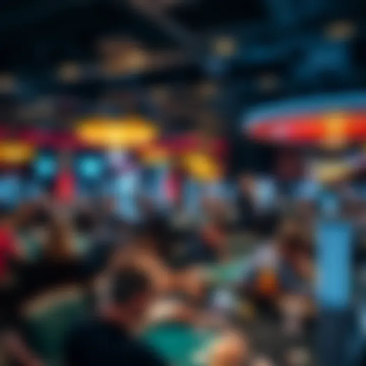 An overview of a bustling poker tournament venue filled with players engrossed in the game.