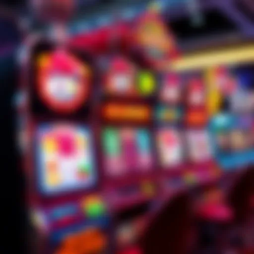 A vibrant slot machine display showcasing various symbols and themes