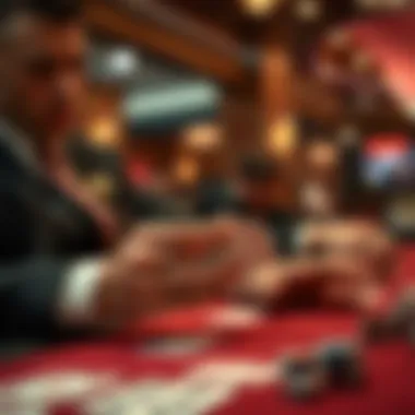 A close-up view of a dealer dealing cards in a blackjack game