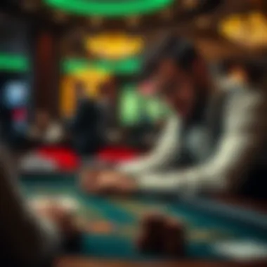 A thoughtful player analyzing game strategies at a blackjack table