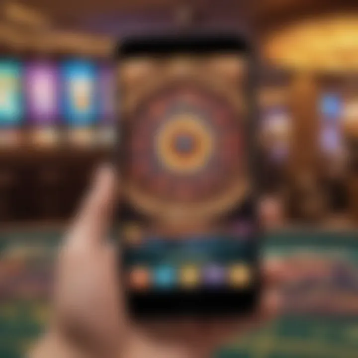 A smartphone displaying the Mohegan Sun app in a gaming environment