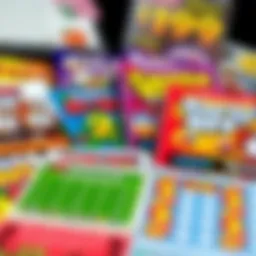 Artistic representation of various scratch-off ticket designs showcasing vibrant colors and themes.