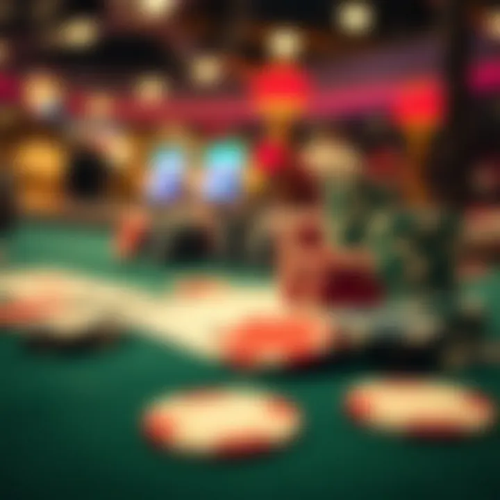 Close-up of poker chips and cards on a table at the tournament