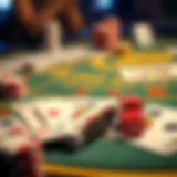 A close-up view of a Hi-Low game setup featuring cards and dice.